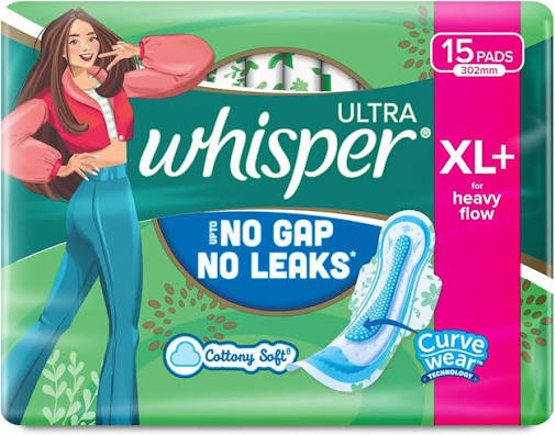 Whisper Ultra No Gap No Leaks Sanitary Pads XL+ (15 Pads) (Mrp 190/-)