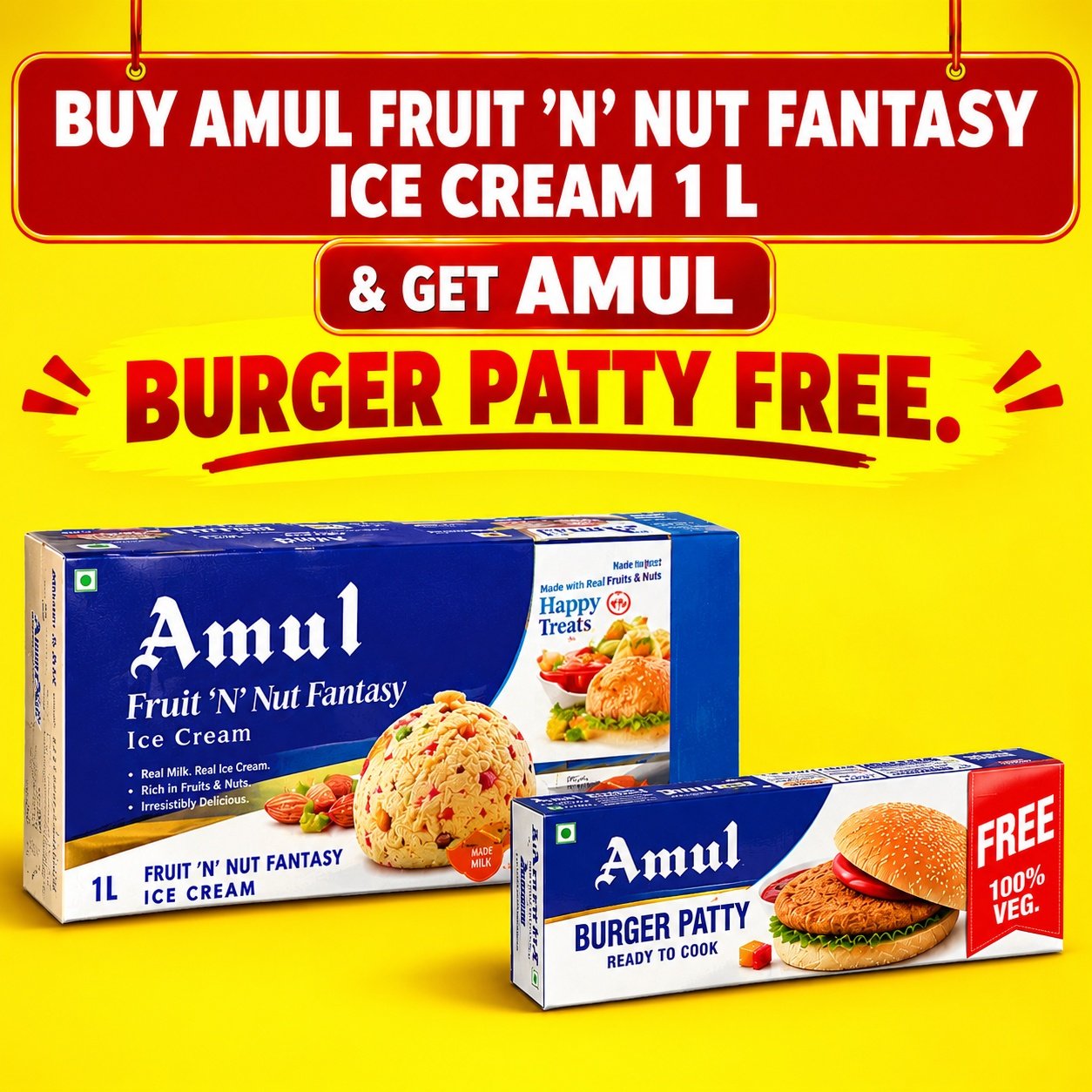 Amul Fruit n Nut Fantasy Ice Cream 1 Ltr (Get Amul Burger Patty 360 g Free)
