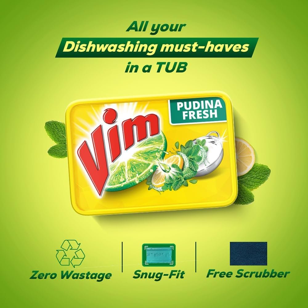 Vim Pudina Fresh Dishwash Tub 480 g (With Free Scrubber)